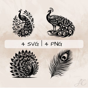 May include: Four black and white silhouette images of peacocks. One image shows a peacock with its tail feathers spread out. Another image shows a peacock with its tail feathers spread out and a floral design around it. The third image shows a peacock standing with its tail feathers spread out. The fourth image shows a single peacock feather.
