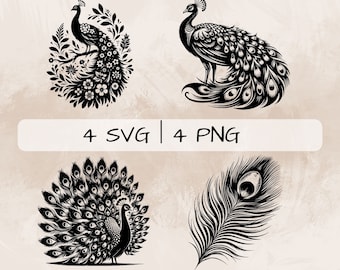 Peacock SVG bundle, Peacock Feather PNG, Floral Peacock  Clipart, Hand drawn Peacock pictures for print and engraving