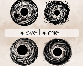 Paquete SVG de agujero negro, PNG de agujero negro y estrellas, imágenes prediseñadas de agujero negro en el espacio, imágenes de agujero negro dibujadas a mano para imprimir y grabar