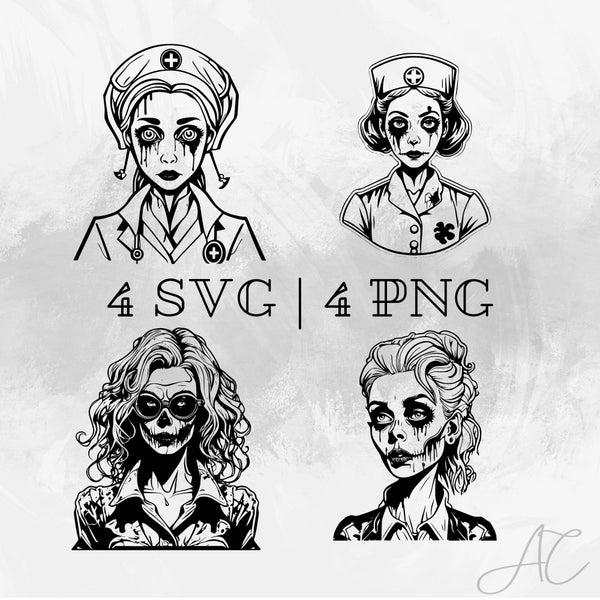 Female Zombie SVG, Zombie Nurse, PNG, Zombie Clipart, Vector, hand drawn Female zombie for print and engraving