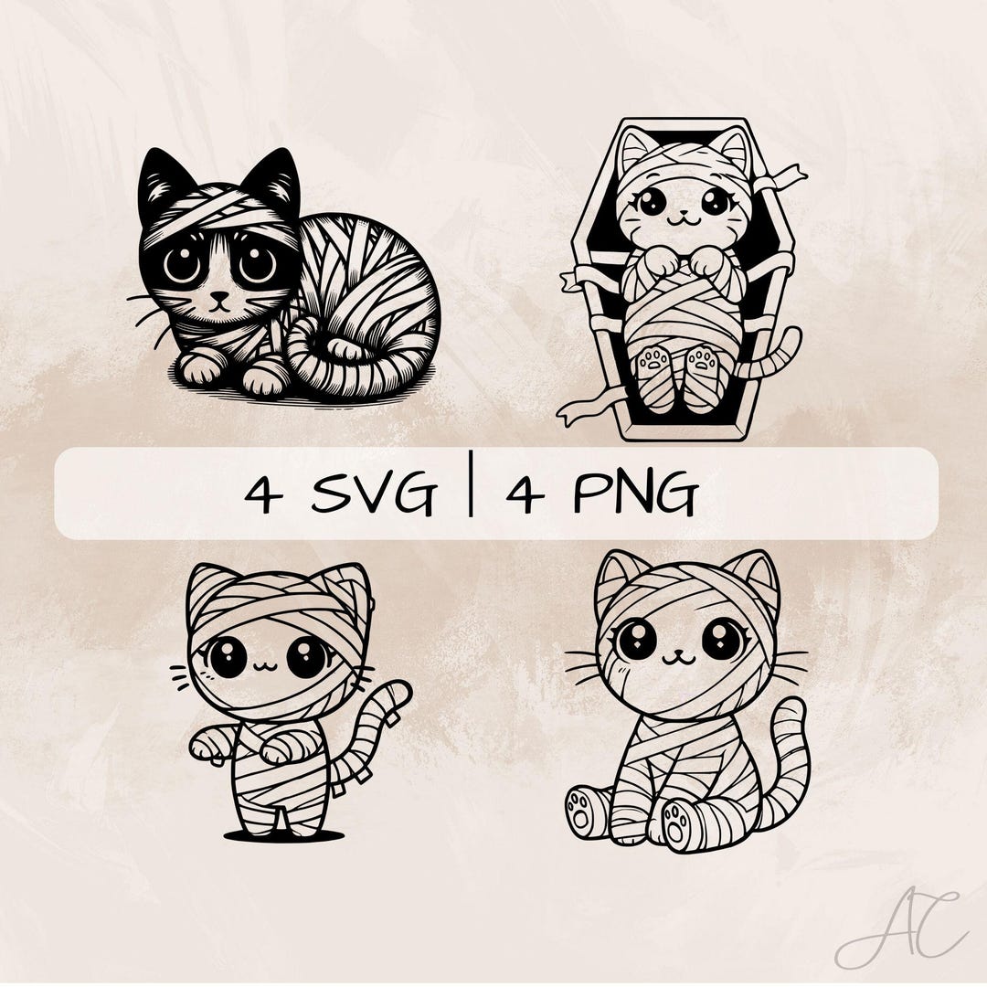 Mummy Cat SVG Bundle, Cute Mummy Cat PNG, Cute Halloween Clipart, Hand ...