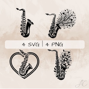 Saxophone SVG bundle, Music instrument PNG, Saxophone and heart Clipart, Hand drawn Saxophone pictures for print and engraving