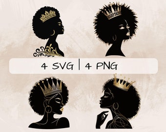 Black Queen SVG Bundle, Queen PNG, Black Queen with Crown Clipart, Hand drawn Black Queen pictures for print and engraving