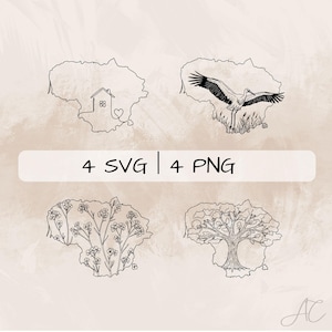 May include: Four black and white line art illustrations of Lithuania. The illustrations depict a house, a tree, a bird, and a field of flowers.