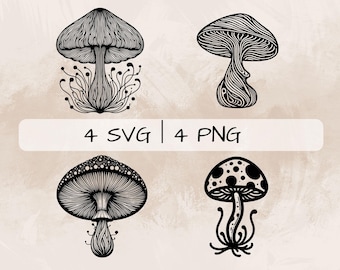 Bundle SVG champignon, champignon vénéneux PNG, clipart champignon psychédélique, images de champignon dessinés à la main pour impression et gravure