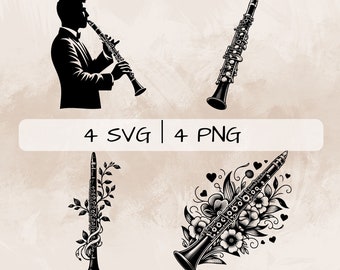 Pacchetto SVG per clarinetto, PNG per clarinetto e fiori, Clipart per clarinetto, immagini di clarinetto disegnate a mano per la stampa e l'incisione