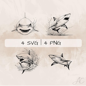 Delicate Shark SVG Bundle, Great White Shark Line Art PNG, Shark in Water Clipart, Hand drawn Shark pictures for print and engraving