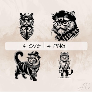 Hipster Cat SVG Bundle, Cat PNG, Cat and Glasses Clipart, Hand drawn Hipster Catand Hat pictures for print and engraving