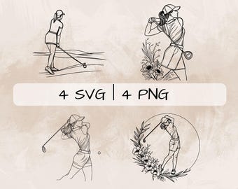 Puede incluir: Cuatro dibujos en blanco y negro de mujeres jugando al golf. Cada imagen presenta a una mujer en una pose de golf con un palo de golf y una pelota. Dos de las imágenes incluyen elementos florales.
