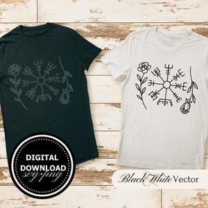 May include: Two black and white t-shirts with a compass rose and floral design. The text "Digital Download svg/png" and "Black & White Vector" are on the image.