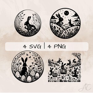 May include: Four black and white illustrations of bunnies and eggs. The first image shows a bunny in a field of flowers. The second image shows two bunnies in a field of flowers with a moon and stars in the sky. The third image shows a bunny in a field of flowers with eggs. The fourth image shows four bunnies in a field of flowers with eggs.