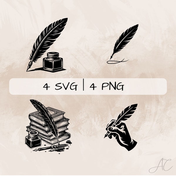 Quill Pen SVG bundle, Feather PNG, Quill Clipart, Hand drawn Quill Pen pictures for print and engraving