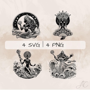 Yemaya SVG Bundle, Queen Of The Sea PNG ,Yemoja Clipart, Hand drawn Yemaya pictures for print and engraving