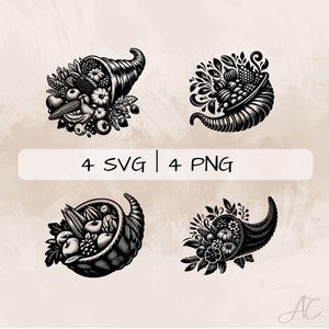 May include: Four black and white illustrations of cornucopias overflowing with fruits, vegetables, and other harvest items. The cornucopias are in different styles, with some featuring floral designs and others with more simple designs. The text "4 SVG | 4 PNG" is displayed below the images.