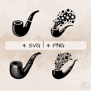 May include: Four black and white illustrations of a pipe with different designs. The first pipe is plain, the second has bubbles coming out of it, the third has a floral design, and the fourth has a simple design. The text "4 SVG | 4 PNG" is below the images.