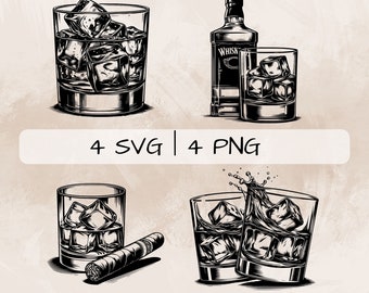 Pacchetto Whiskey SVG, Whiskey Glass PNG, Whiskey and Cigar Clipart, Immagini di whisky disegnate a mano per la stampa e l'incisione