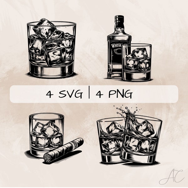 Whiskey SVG bundle, Whiskey Glass PNG, Whiskey and Cigar Clipart, Hand drawn Whiskey pictures for print and engraving