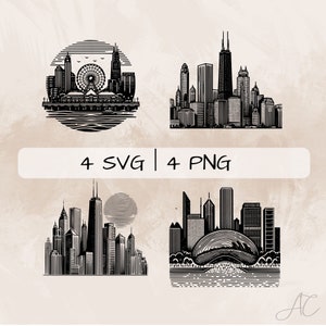 Chicago SVG bundle, Chicago Cloud Gate PNG, Chicago Navy Pier Clipart, Hand drawn Chicago pictures for print and engraving