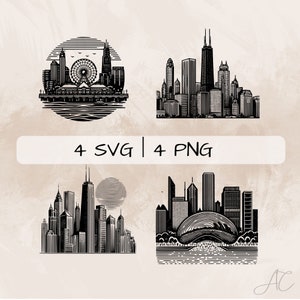 Puede incluir: Cuatro ilustraciones en blanco y negro del horizonte de Chicago. La primera imagen muestra el horizonte de Chicago con la noria y el muelle. La segunda imagen muestra el horizonte de Chicago con la Willis Tower. La tercera imagen muestra el horizonte de Chicago con la escultura Cloud Gate. La cuarta imagen muestra el horizonte de Chicago con el John Hancock Center.