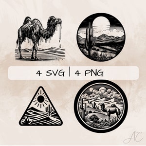 Woestijn SVG-bundel, Woestijnscène PNG, Woestijn en Cactus Clipart, Handgetekende woestijnfoto&#39;s voor afdrukken en graveren