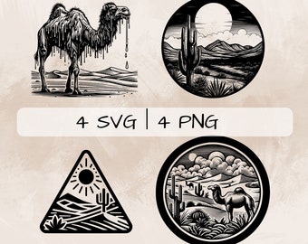 Desert SVG bundle, Desert Scene PNG, Desert and Cactus Clipart, Hand drawn Desert pictures for print and engraving