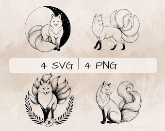 Kitsune SVG-paket, japansk räv PNG, niosvansad räv Clipart, handritade Kitsune-bilder för tryck och gravyr