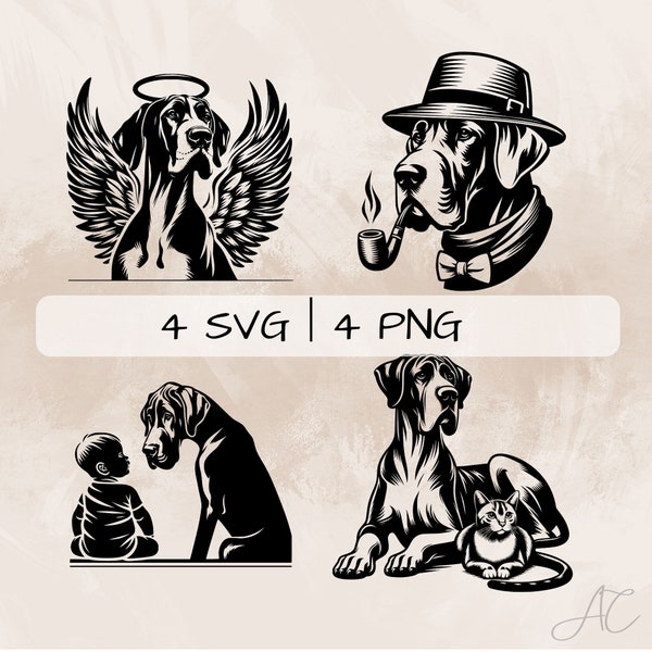 Great Dane SVG bundle, Great Dane with Wings PNG, Great Dane With Hat Clipart, Hand drawn Great Dane pictures for print and engraving