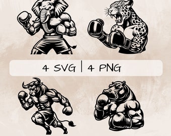 Boxing Animals SVG bundle, Boxing PNG, Strong Animals Clipart, Hand drawn Boxing Animals pictures for print and engraving