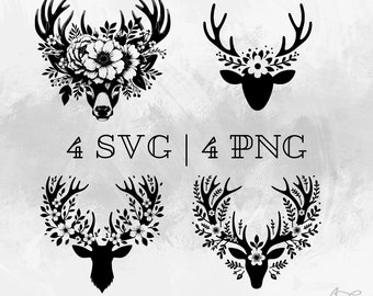 Floral Hirschkopf SVG Bundle, Hirschgeweih PNG, Hirschkopf Silhouette Clipart, handgezeichnete florale Hirschkopf Bilder für Druck und Gravur