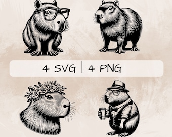 Capybara SVG Bundle, Capybara with Hat PNG, Floral Capybara  Clipart, Hand drawn Capybara pictures for print and engraving