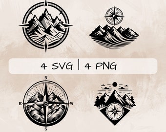 Berg met kompas SVG bundel, kompas SVG, berg clipart, vector, hand getekende berg en kompas voor afdrukken en graveren