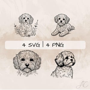 キャバション ライン アート SVG バンドル、ビション フリーゼ PNG、キャバリア キング チャールズ スパニエル クリップアート、印刷および彫刻用の手描きの犬の絵