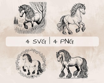 Paquete SVG de caballo frisón, caballo PNG, clipart de caballo frisón, imágenes de caballos frisones dibujadas a mano para imprimir y grabar
