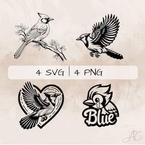 May include: Four black and white illustrations of a blue jay bird. The first image shows the bird perched on a branch. The second image shows the bird in flight. The third image shows the bird inside a heart shape. The fourth image shows the bird with the word "Blue" written below it.