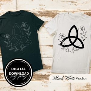 May include: Two t-shirts, one dark green and one white, each featuring a black floral Celtic knot design. The dark green shirt has a light gray design, and the white shirt has a black design. A digital download graphic is also shown.