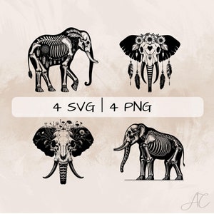 Puede incluir: Cuatro ilustraciones digitales en blanco y negro de cráneos de elefante con varios elementos decorativos. La imagen superior izquierda muestra un esqueleto de elefante con diseños florales y de plumas. La imagen superior derecha muestra un cráneo de elefante con una corona floral y plumas. La imagen inferior izquierda muestra un cráneo de elefante con flores que crecen desde la parte superior del cráneo. La imagen inferior derecha muestra un esqueleto de elefante con un cráneo.
