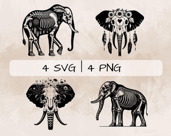 May include: Four black and white digital illustrations of elephant skulls with various decorative elements. The top left image shows an elephant skeleton with floral and feather designs. The top right image shows an elephant skull with a floral crown and feathers. The bottom left image shows an elephant skull with flowers growing from the top of the skull. The bottom right image shows an elephant skeleton with a skull.