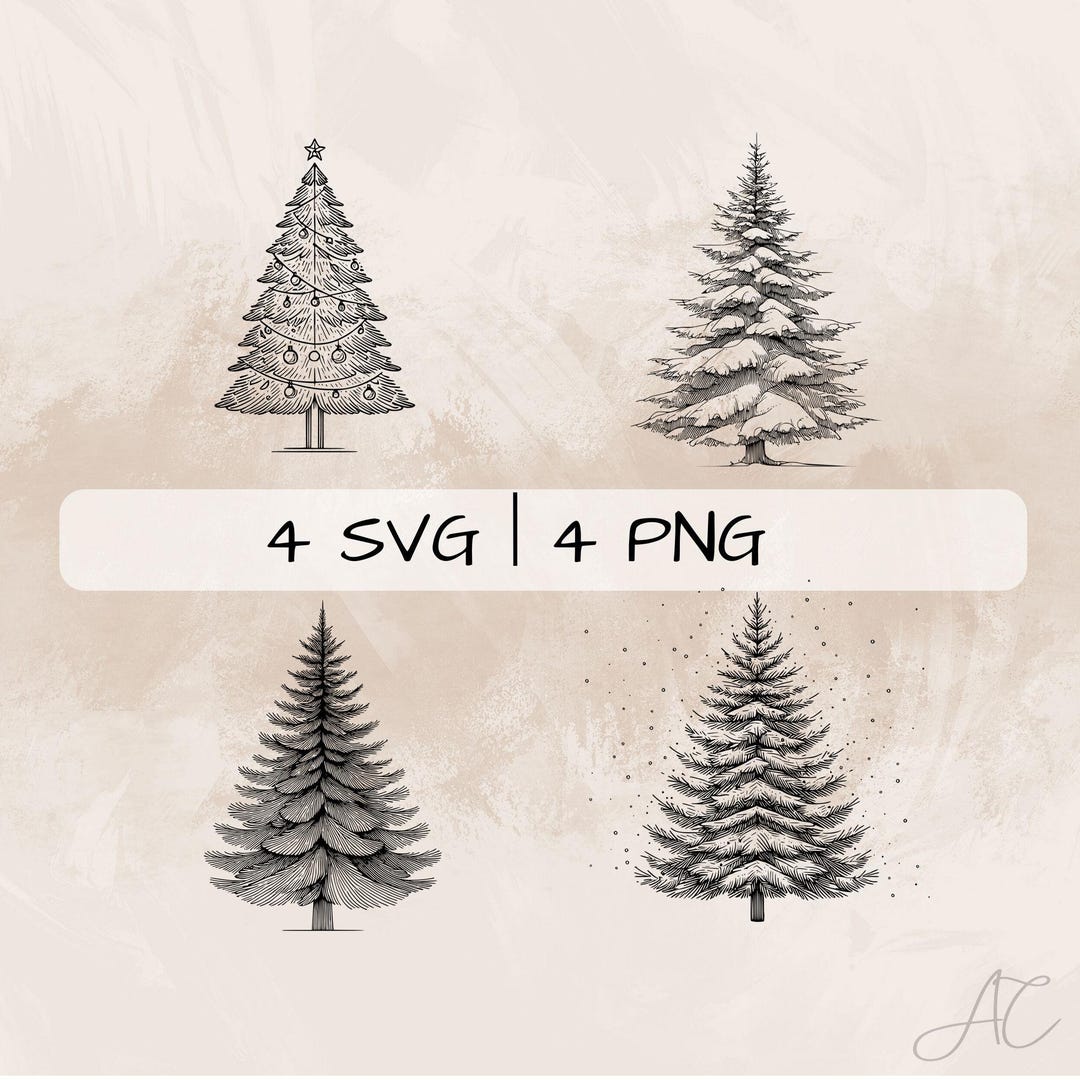Delicate Fir Tree SVG Bundle, Christmas Tree Line Art PNG, Snowy Fir ...
