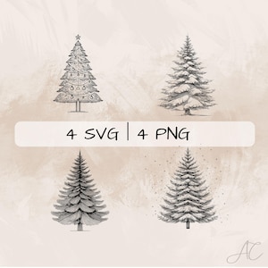 Delicate Fir Tree SVG Bundle, Christmas Tree Line Art PNG, Snowy Fir Tree Clipart, Hand drawn Fir Tree pictures for print and engraving