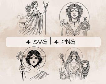 キルケー SVG バンドル、キルケーの魔術師 PNG、ギリシャ神話のクリップアート、印刷や彫刻用の手描きのキルケーの絵