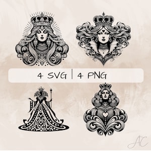 Queen of Hearts SVG bundle, Queen PNG, Queen of Hearts Clipart, Hand drawn Queen of Hearts pictures for print and engraving