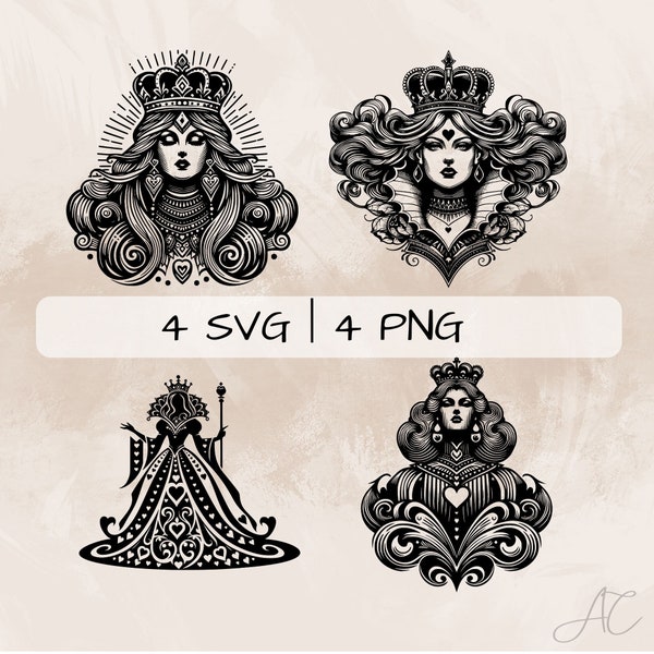 Queen of Hearts SVG bundle, Queen PNG, Queen of Hearts Clipart, Hand drawn Queen of Hearts pictures for print and engraving