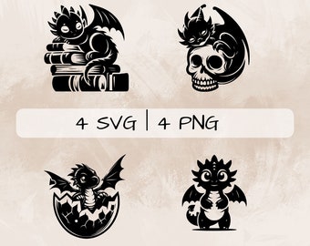 May include: Four black and white illustrations of a cute baby dragon in different poses. The dragon is shown sleeping on a stack of books, sitting on a skull, hatching from an egg, and standing with its wings spread.