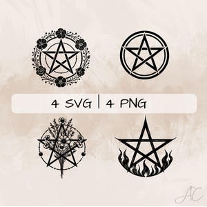 May include: Four black and white pentagram designs. Two of the designs feature a pentagram with a floral wreath around it. One design features a pentagram with flames around it. The last design features a pentagram with a simple outline.