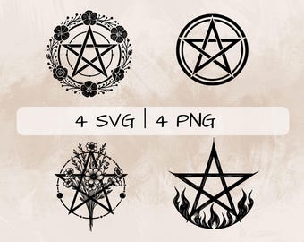 Pentagram SVG Bundle, Pentagram and Flowers PNG, Pentagram and Fire Clipart, Hand drawn Pentagram pictures for print and engraving