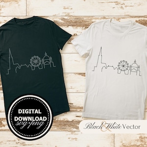 May include: Two t-shirts, one black and one white, each featuring a minimalist line drawing of a cityscape. The black shirt has a circular graphic that says "DIGITAL DOWNLOAD svg.png". The white shirt has the text "Black & White Vector".