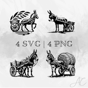Ezel met kar SVG bundel, Donkey PNG, Kar clipart, Vector, Hand getrokken Ezel met kar foto's voor afdrukken en graveren