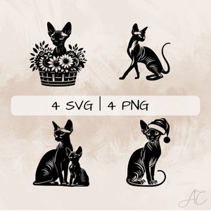 Sphynx Cat SVG bundle, Cat PNG, Sphynx with Flowers Clipart, Hand drawn Sphynx Cat pictures for print and engraving