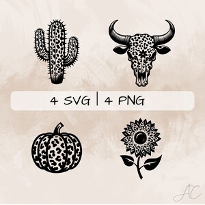 Può includere: Quattro illustrazioni in bianco e nero con un motivo a stampa leopardata. Le illustrazioni includono un cactus, un teschio di toro, una zucca e un girasole.