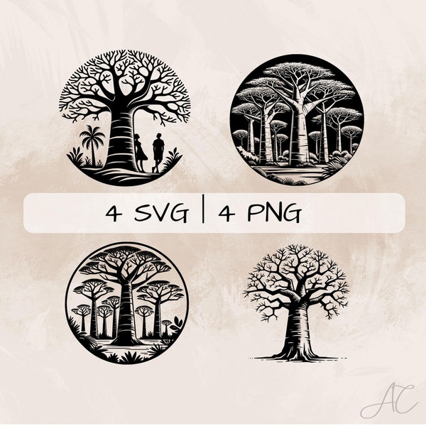 Baobab arbre SVG, baobab dans la nature PNG, clipart arbre de vie, images de baobab dessinés à la main pour impression et gravure